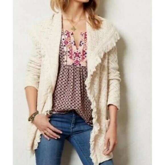 Angel of The North Ivory CHEVRON Fringe Cardigan Sweater Size Small - Picture 1 of 7